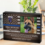 Police K9 Dog Law Enforcement Officer Retirement  Wooden Box Sign<br><div class="desc">Honor your best partner and police dog for his dedicated years of service with this Thin Blue Line Police Dog Retirement Appreciation Photo award plaque. Personalize with your police K9 officer's photo, name, personal message, service dates and service years. Also personalize with badge, department logo or seal. Perfect for police...</div>