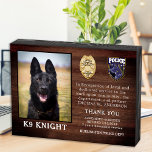 Police K9 Retirement Law Enforcement Dog Award Wooden Box Sign<br><div class="desc">Honor your best partner and police dog for his dedicated years of service with this Thin Blue Line Police Dog Retirement Appreciation Photo award plaque. Personalize with your police K9 officer's photo, name, personal message, service dates and service years. Also personalize with badge, department logo or seal. Perfect for police...</div>