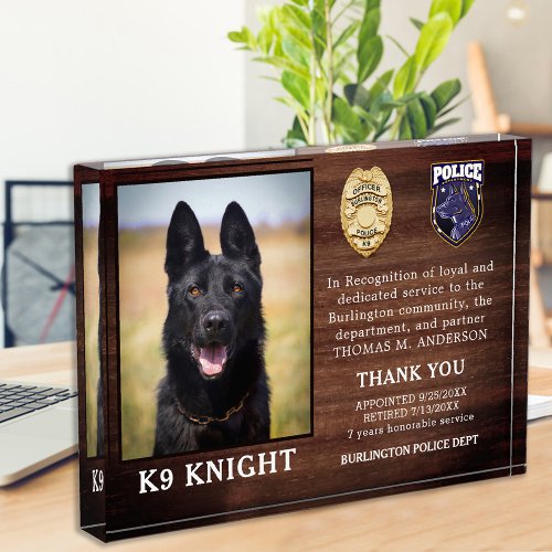 Police K9 Retirement Law Enforcement Officer Dog Acrylic Award