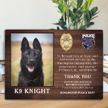 Police K9 Retirement Law Enforcement Officer Dog  Plaque<br><div class="desc">Honor your best partner and police dog for his dedicated years of service with this Thin Blue Line Police Dog Retirement Appreciation Photo plaque. Personalize with your police K9 officer's photo, name, personal message, service dates and service years. Also personalize with badge, department logo or seal. Perfect for police K9...</div>
