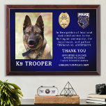 Police K9 Retirement Officer Dog Law Enforcement  Award Plaque<br><div class="desc">Honor your best partner and police dog for his dedicated years of service with this Police Dog Retirement Appreciation Photo award plaque. Personalize with your police K9 officer's photo, name, personal message, service dates and service years. Also personalize with badge, department logo or seal. Perfect for police K9 handler gifts...</div>