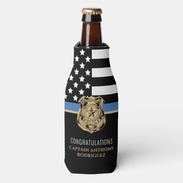 Police Law Enforcement Retirement Thin Blue Line Bottle Cooler (Bottle Front)