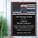 Police Life Saving Custom Logo Law Enforcement  Award Plaque<br><div class="desc">Celebrate and show your appreciation to an outstanding Police Officer with this Thin Blue Line Police Life Saving Award - American flag design in Police Flag colors , modern black blue design with custom police department logo. Personalize this police officer award with officers name, text with law enforcement department name,...</div>