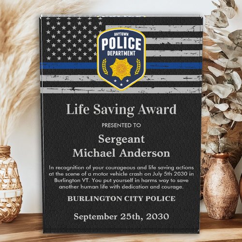 Police Life Saving Custom Logo Thin Blue Line Acrylic Award