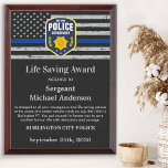 Police Life Saving Custom Logo Thin Blue Line Award Plaque<br><div class="desc">Celebrate and show your appreciation to an outstanding Police Officer with this Thin Blue Line Police Life Saving Award - American flag design in Police Flag colors , vintage black blue design with custom police department logo. Personalize this police officer award with officers name, text with law enforcement department name,...</div>