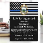 Police Life Saving Department Custom Logo Desk Plaque<br><div class="desc">Celebrate and show your appreciation to an outstanding Police Officer with this Thin Blue Line Police Life Saving Award - American flag design in Police Flag colors , modern black blue design with custom police department logo. Personalize this police officer award with officers name, text with law enforcement department name,...</div>