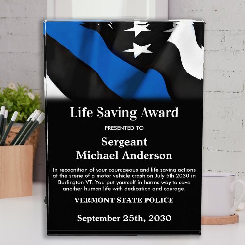Police Life Saving Personalized Thin Blue Line Acrylic Award