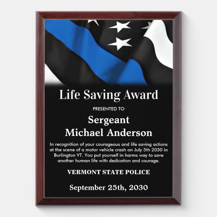 Police Life Saving Personalized Thin Blue Line Award Plaque | Zazzle.com