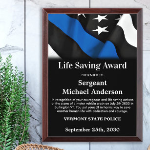 Police Life Saving Personalized Thin Blue Line Award Plaque