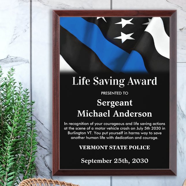 Police Life Saving Personalized Thin Blue Line Award Plaque (Creator Uploaded)
