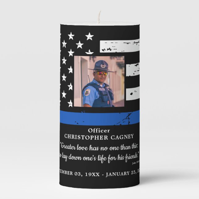 Police Memorial Thin Blue Line LEO Funeral Pillar Candle (Front)