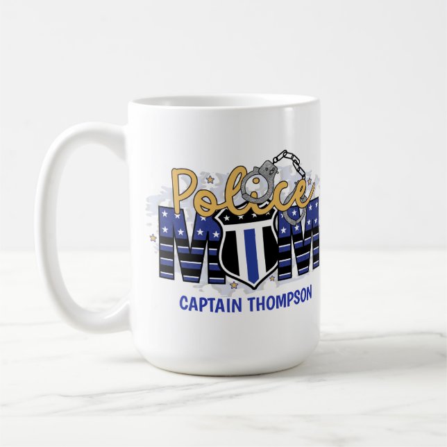 Police Mom Personalized Badge Thin Blue Line   Coffee Mug (Left)