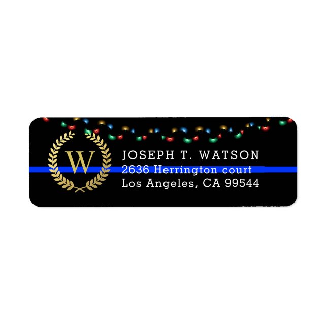 Police Monogram Faux Gold Wreath Holiday Address Label (Front)
