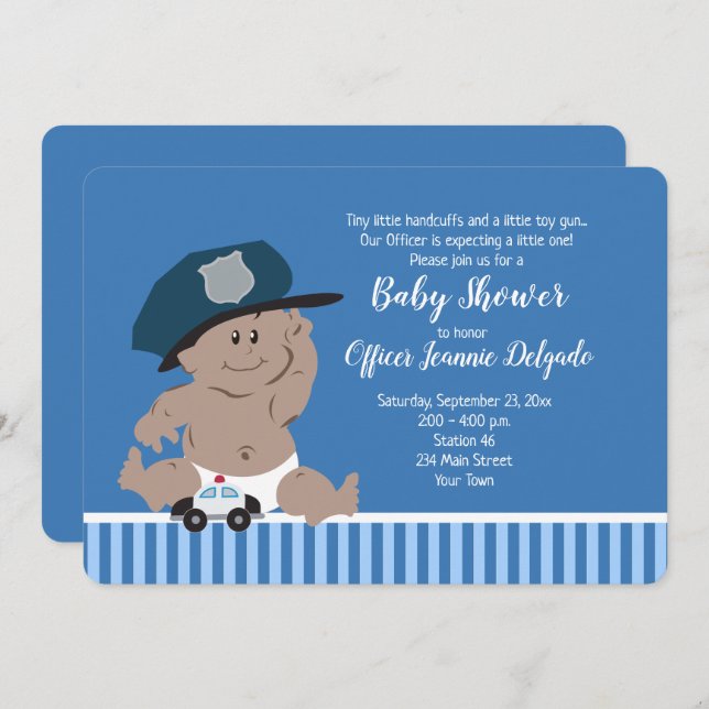 Police Officer Baby Cop Invitations Dark Skin (Front/Back)