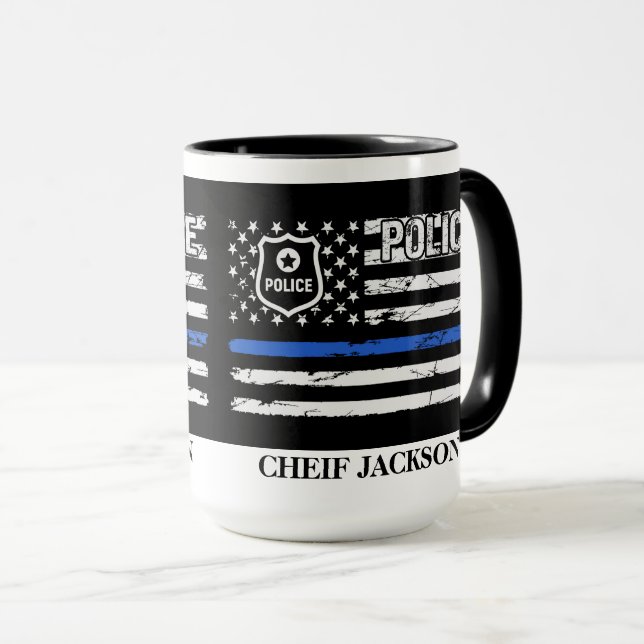   Police Officer Blue Line Flag Badge Coffee Mug (Front Right)