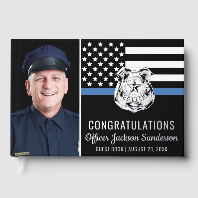 Police Officer Blue Line Photo Retirement Party Foil Guest Book (Front)