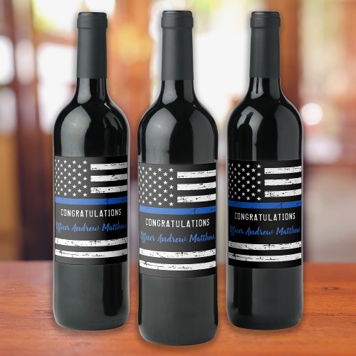 Police Officer Congratulations Thin Blue Line Flag Wine Label