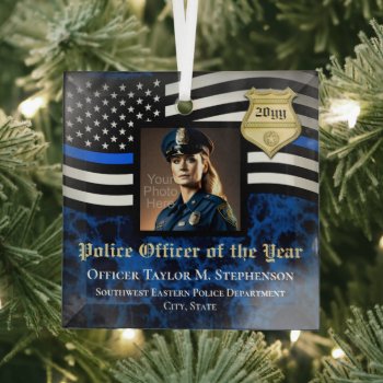 Police Officer Custom Law Enforcement Photo Glass Ornament by cutencomfy at Zazzle