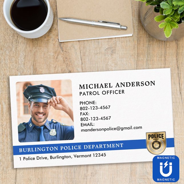 Police Officer Custom Law Enforcement Photo Logo Business Card Magnet (Creator Uploaded)