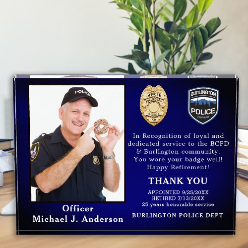 Police Officer Custom Law Enforcement Retirement  Acrylic Award