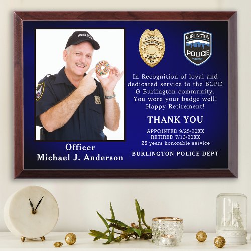 Police Officer Custom Law Enforcement Retirement  Award Plaque