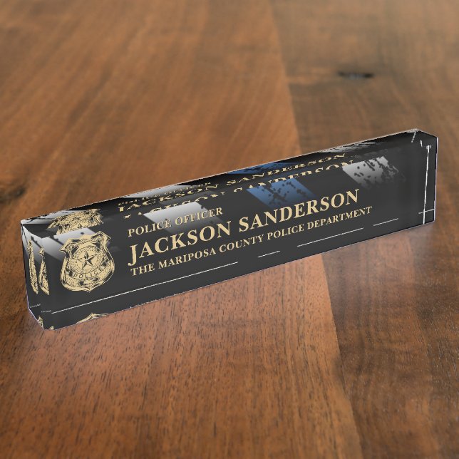 Police Officer Department Thin Blue Line Logo Desk Name Plate (Side)