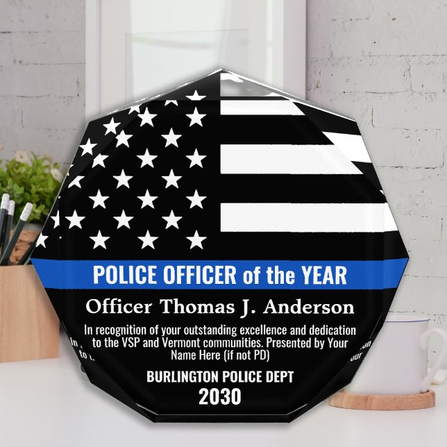 Police Officer Employee Of The Year Thin Blue Line Acrylic Award (Creator Uploaded)