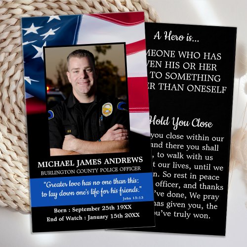 Police Officer Funeral Prayer Card Thin Blue Line