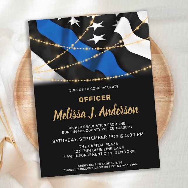 Police Officer Graduation Thin Blue Line Party  Invitation Postcard (Creator Uploaded)