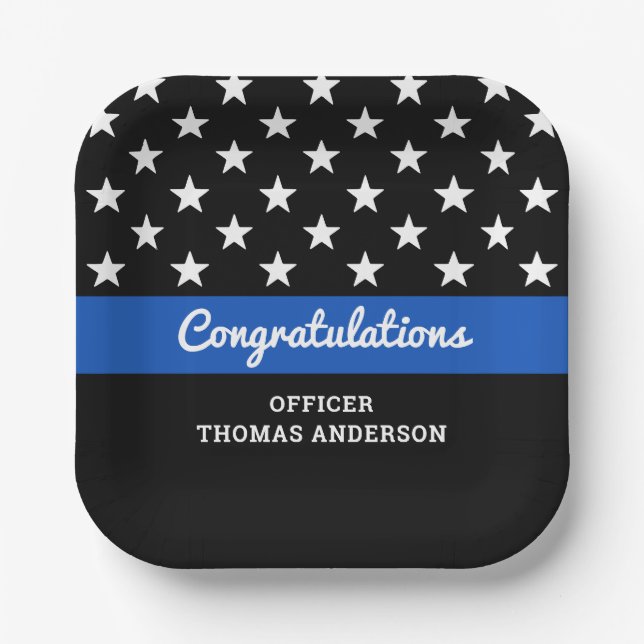 Police Officer Graduation Thin Blue Line Party Paper Plates (Front)