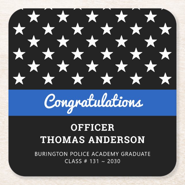 Police Officer Graduation Thin Blue Line Party Square Paper Coaster (Front)