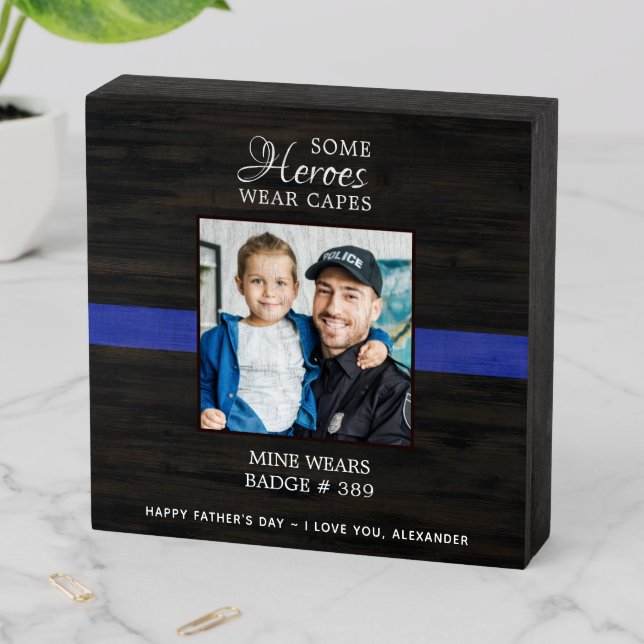 Police Officer Hero Dad Custom Photo Fathers Day Wooden Box Sign (In Situ Horizontal)