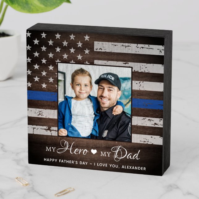 Police Officer Hero Dad Personalized Photo Wooden Box Sign (In Situ Horizontal)