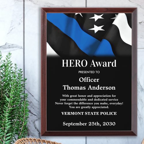 Police Officer HERO Personalized Thin Blue Line Award Plaque