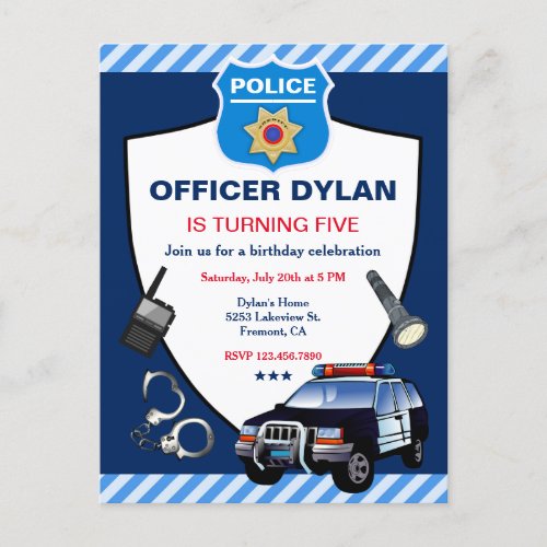 Police Officer Kids Birthday Party Invitation Postcard
