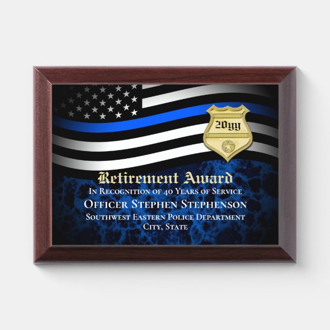 Police Officer Law Enforcement Custom Retirement Award Plaque (Horizontal)