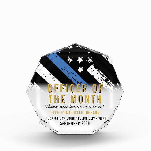 Police Officer of the Month Blue Line Employee Acrylic Award (Front)
