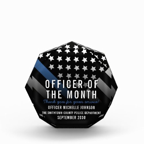 Police Officer of the Month Thin Blue Line Flag Acrylic Award