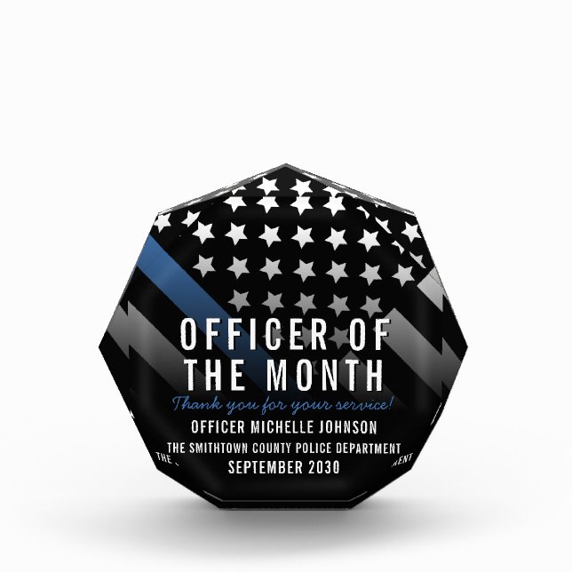 Police Officer of the Month Thin Blue Line Flag Acrylic Award (Front)