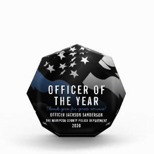 Police Officer of the Year Blue Line Flag Acrylic Award