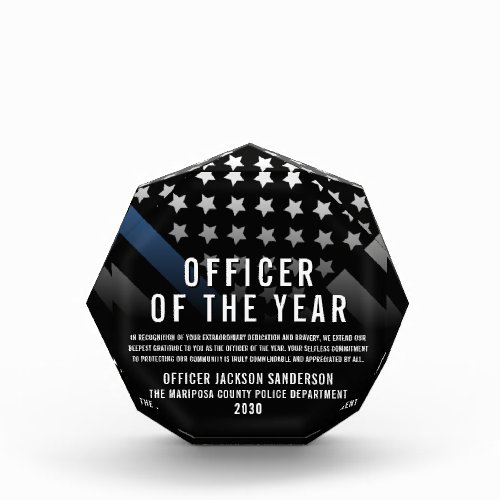 Police Officer of the Year Blue Line Flag Acrylic Award