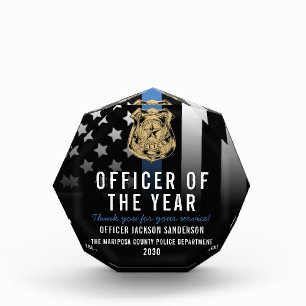 Police Officer of the Year Blue Line Flag Acrylic Award