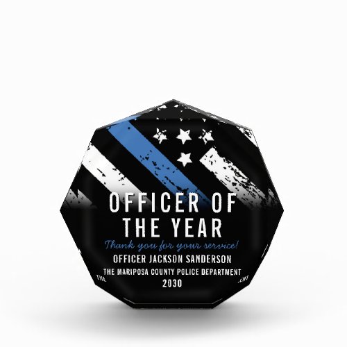 Police Officer of the Year Blue Line Flag Acrylic Award