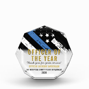 Police Officer of the Year Blue Line Flag Employee Acrylic Award