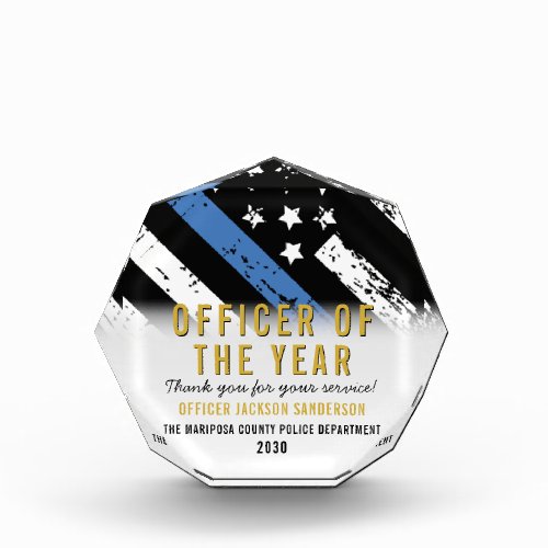Police Officer of the Year Blue Line Flag Employee Acrylic Award