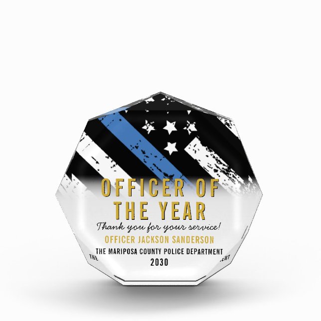 Police Officer of the Year Blue Line Flag Employee Acrylic Award (Front)
