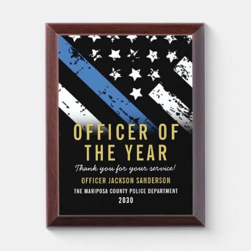 Police Officer of the Year Blue Line Flag Employee Award Plaque