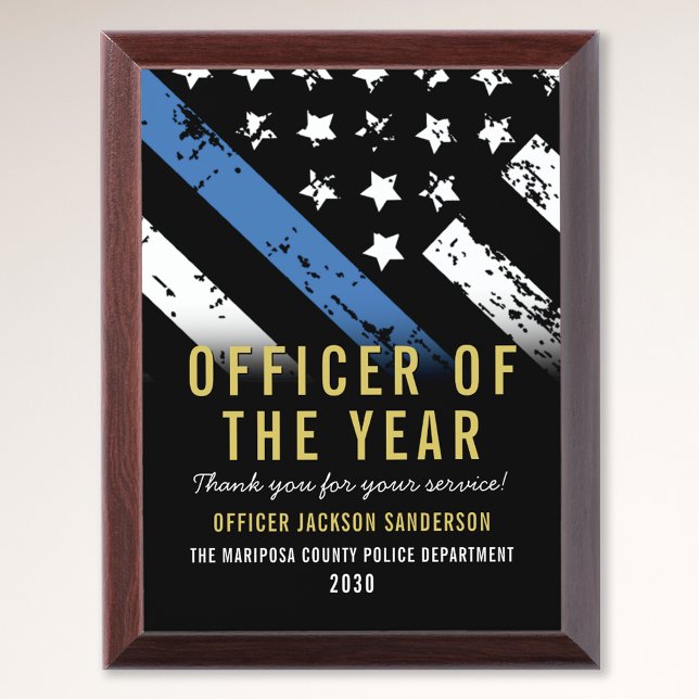 Police Officer of the Year Blue Line Flag Employee Award Plaque (Police Officer of the Year Blue Line Flag Employee Award Plaque)
