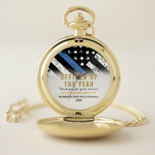 Police Officer of the Year Blue Line Flag Employee Pocket Watch