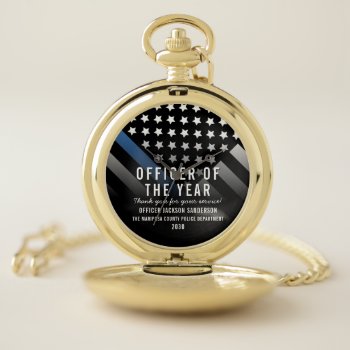 Police Officer Of The Year Blue Line Flag Pocket Watch by boneheadcreations at Zazzle